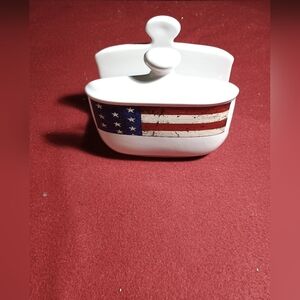 White Ceramic Napkin Holder Warren Kimble Colonial Sakura Flag Design